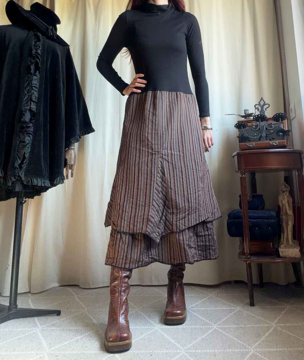 Avant-Garde Witchcore Black and Brown Striped Turtleneck Maxi Dress – Size L/XL
