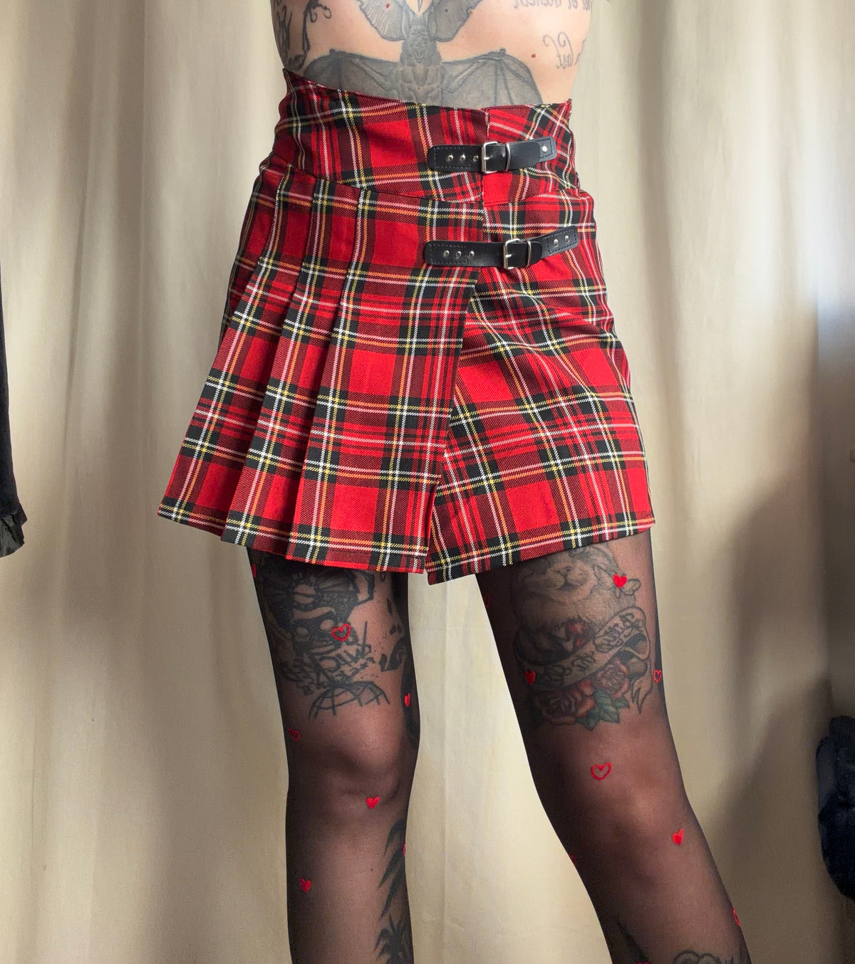 Minijupe tartan rouge plissée double boucle – punk goth school girl Y2K - S