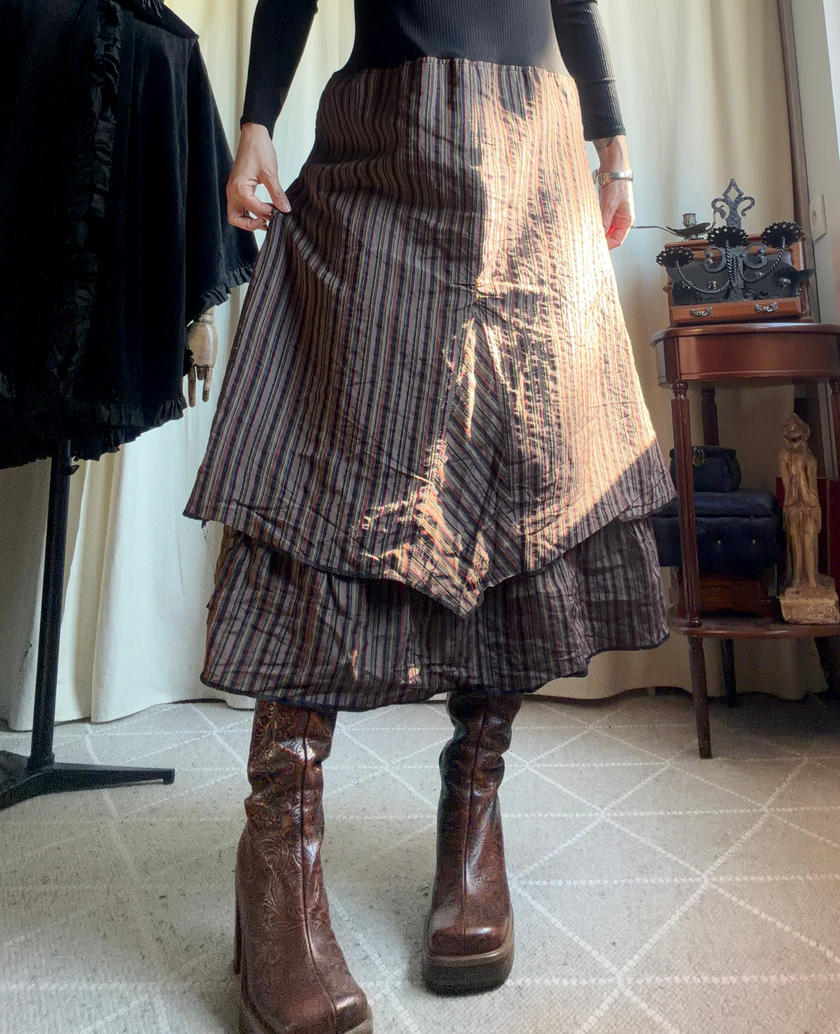 Avant-Garde Witchcore Black and Brown Striped Turtleneck Maxi Dress – Size L/XL