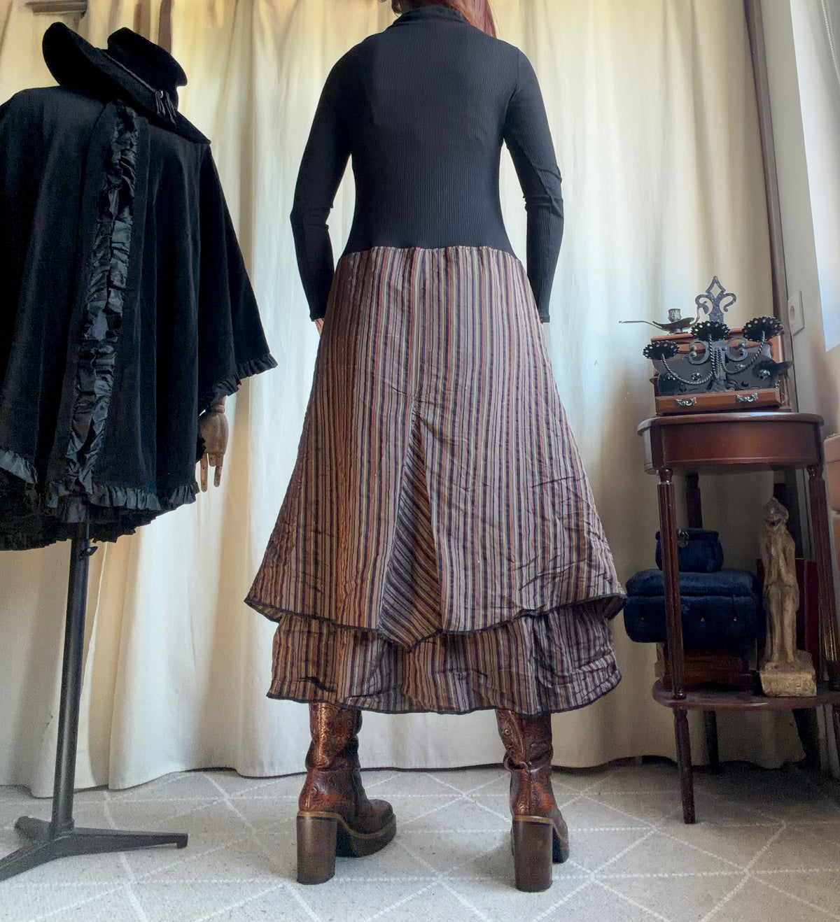 Avant-Garde Witchcore Black and Brown Striped Turtleneck Maxi Dress – Size L/XL