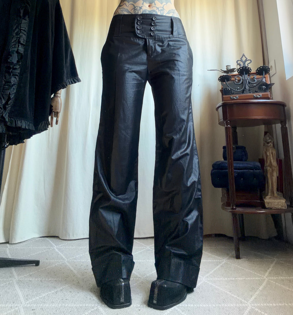 Pantalon noir satiné taille basse ceinture à boutons style office siren Y2K – taille L