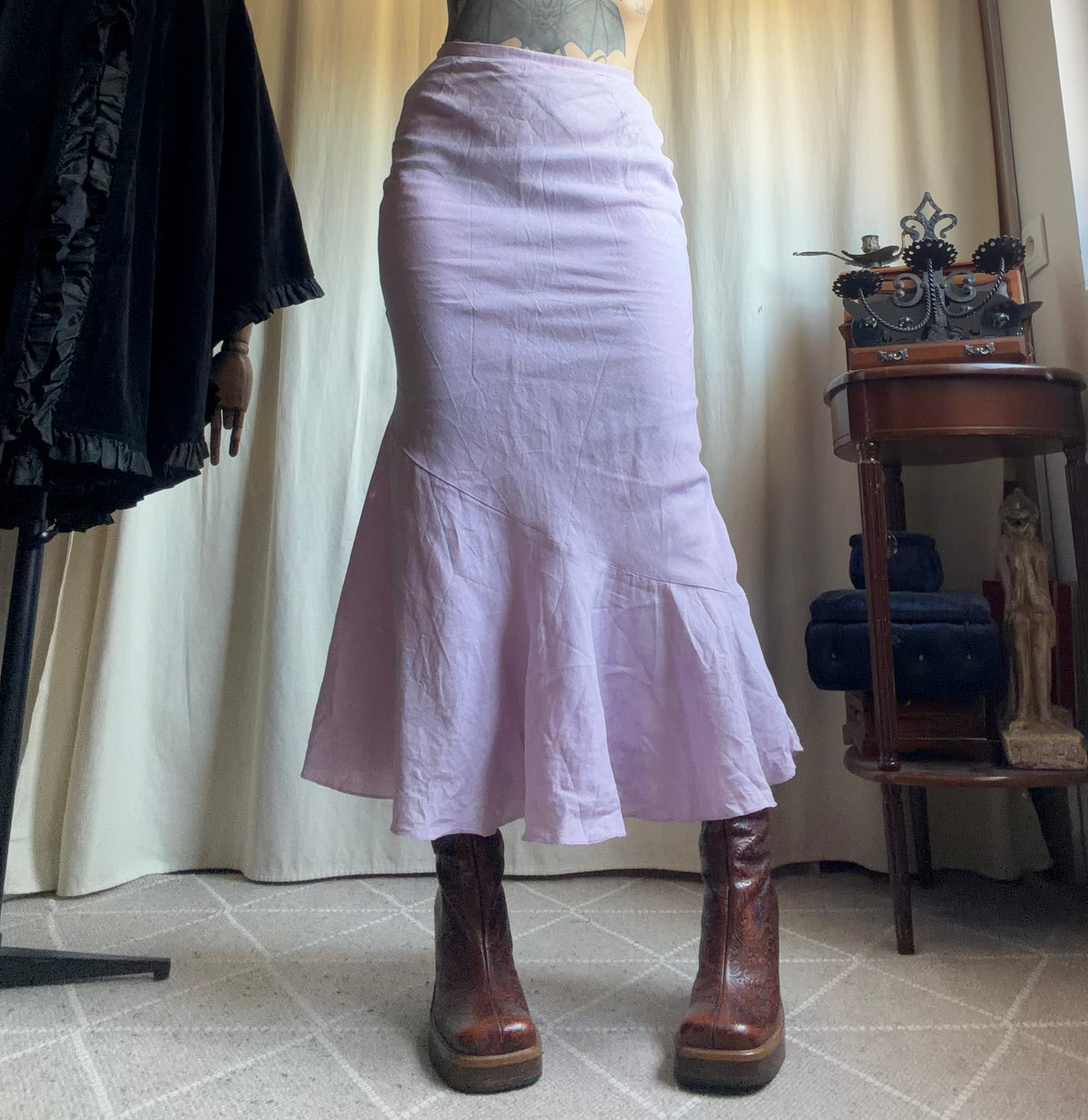 Jupe longue rose lilas coupe sirène évasée style fairycore Y2K – taille XS/S