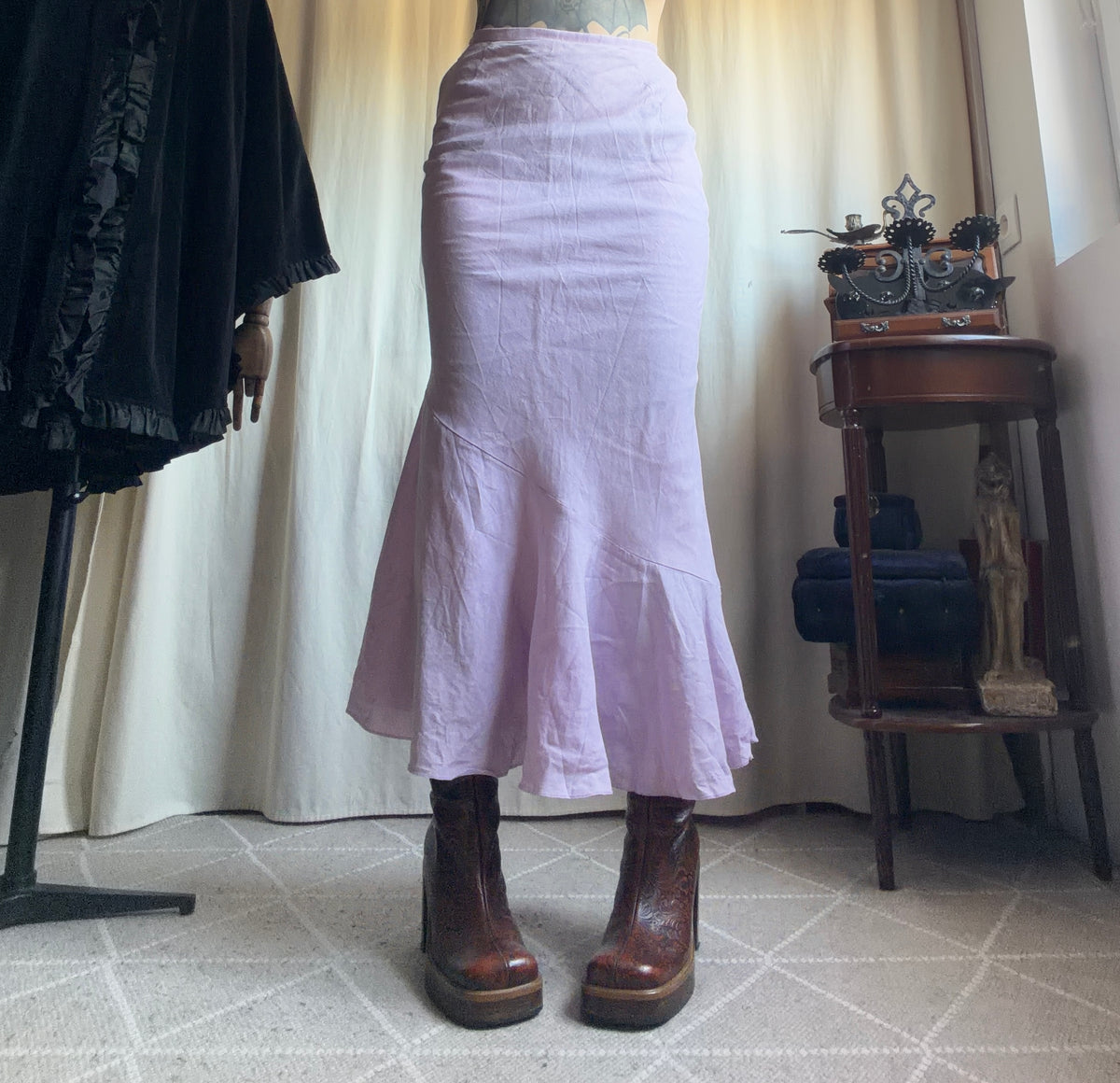 Jupe longue rose lilas coupe sirène évasée style fairycore Y2K – taille XS/S