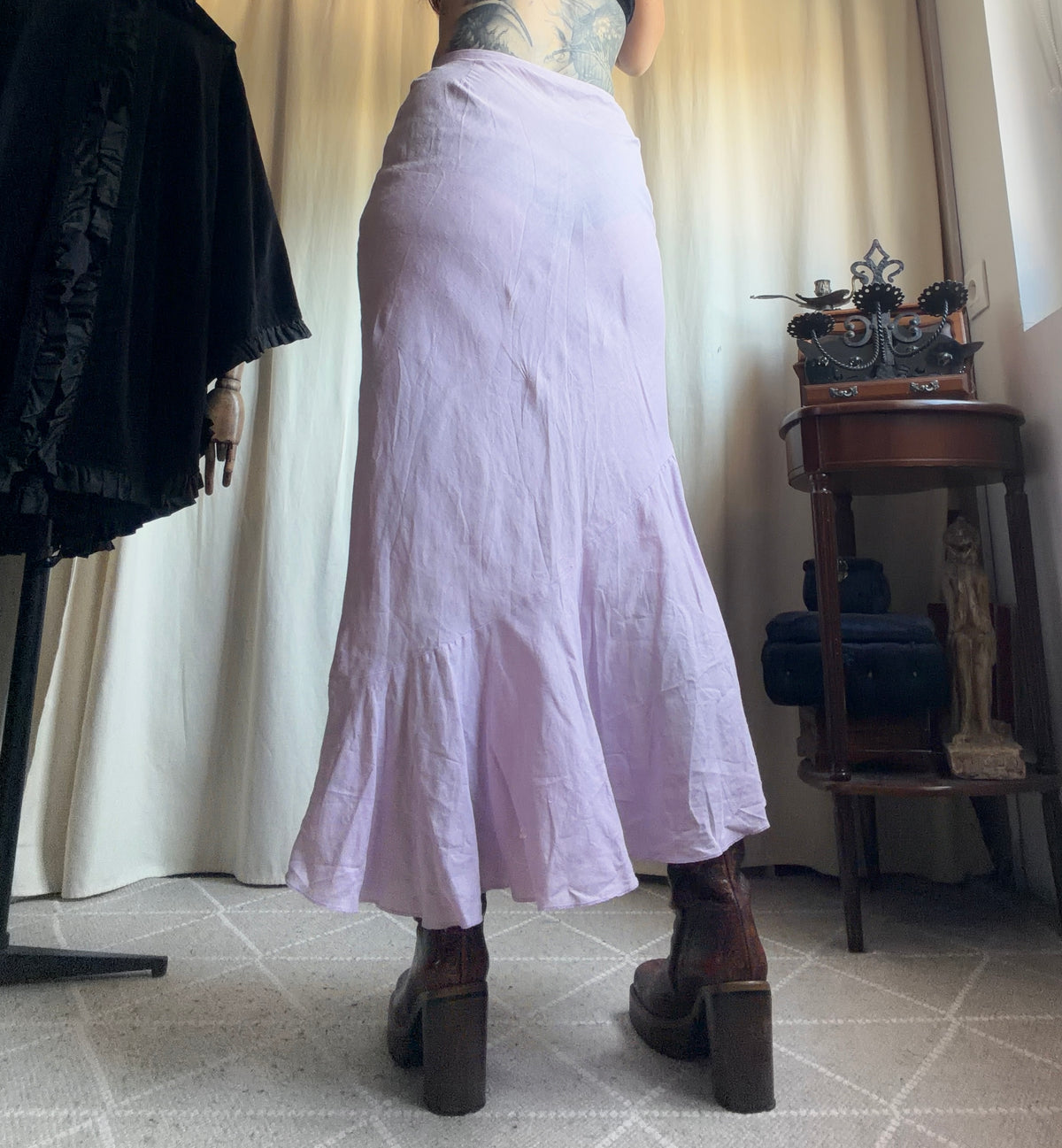 Jupe longue rose lilas coupe sirène évasée style fairycore Y2K – taille XS/S