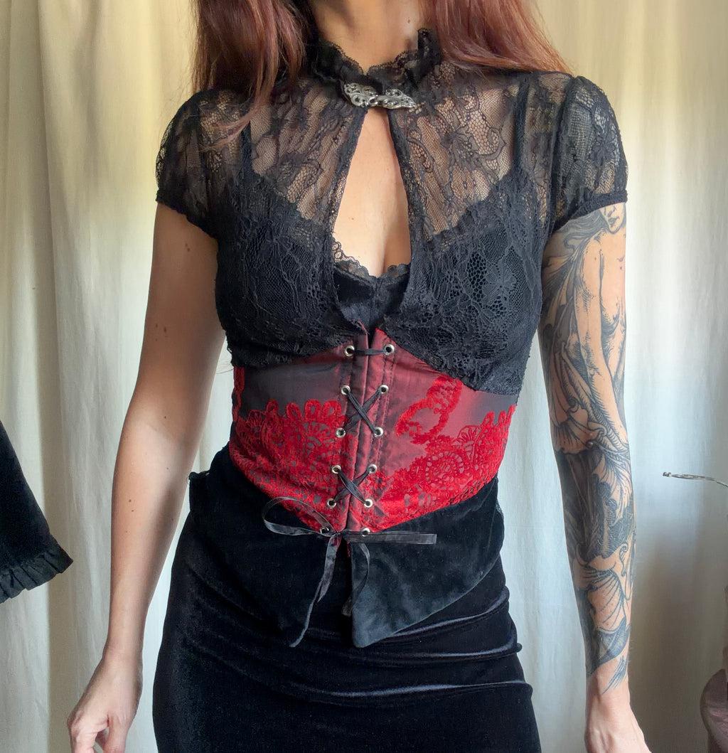 Black floral lace corseted Victorian collar romantic goth vampire blouse – size S
