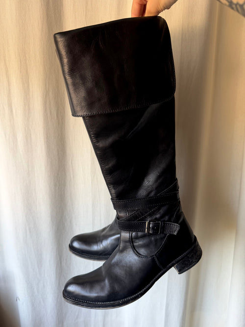 Buffalo black leather high boots with buckle, goth biker pirate style 2000s – size 38