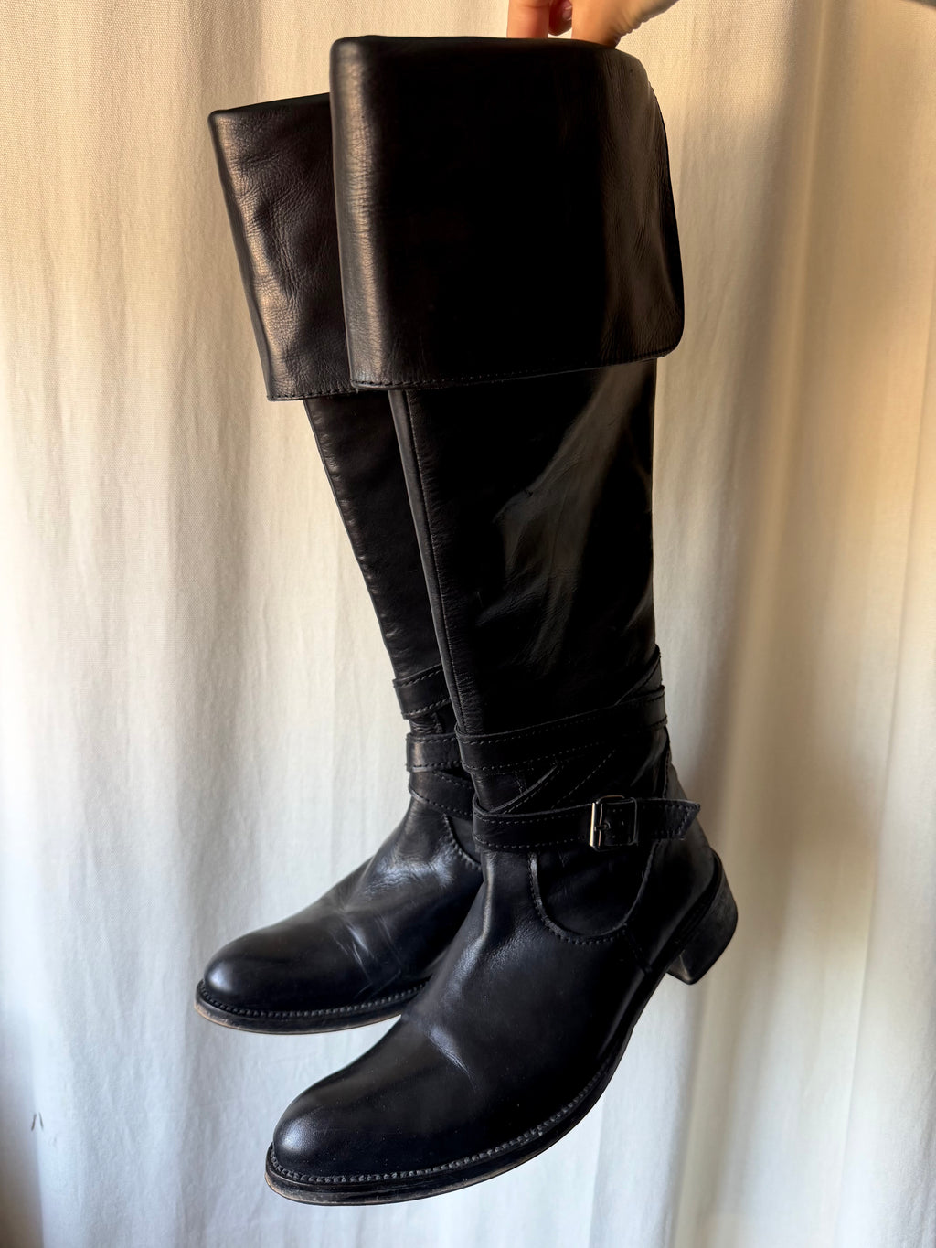 Buffalo black leather high boots with buckle, goth biker pirate style 2000s – size 38