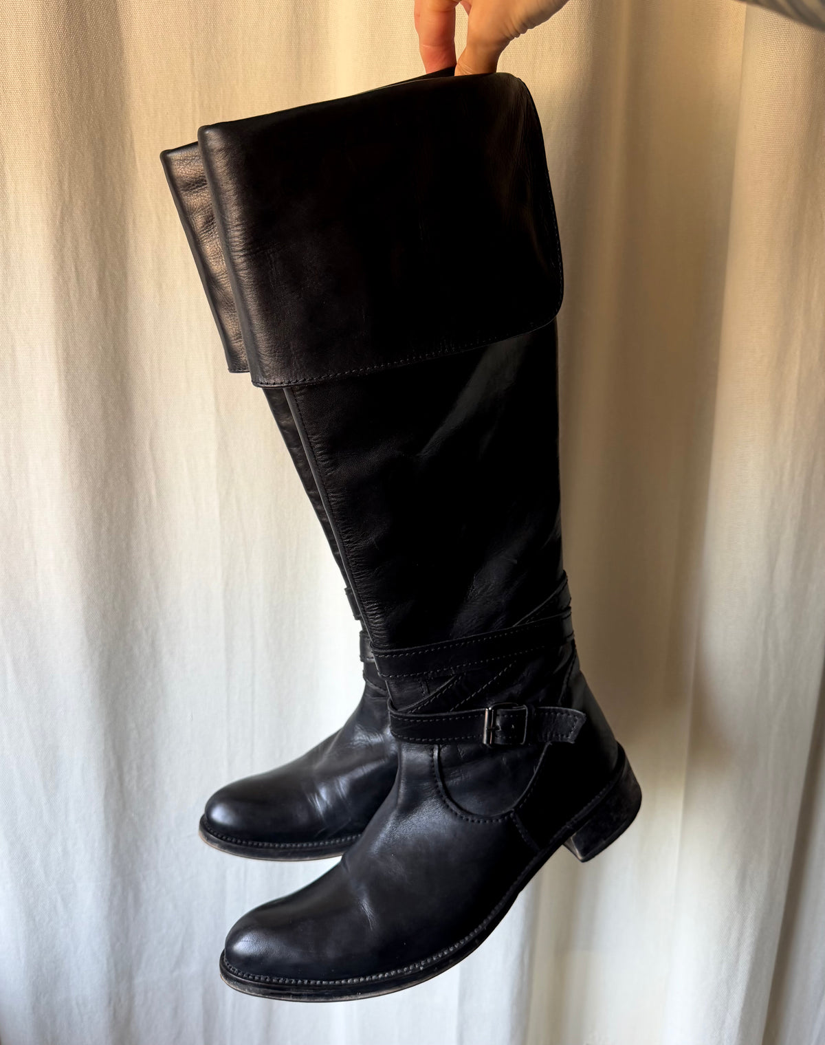 Buffalo black leather high boots with buckle, goth biker pirate style 2000s – size 38