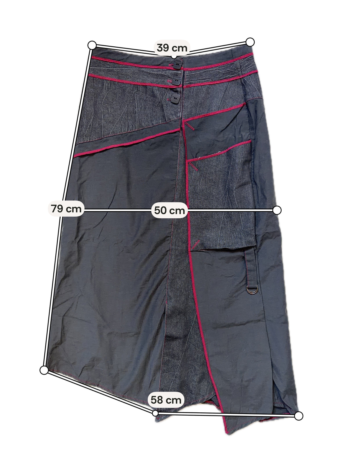 Jupe midi noir/gris anthracite asymétrique et coutures bordeaux - Taille S