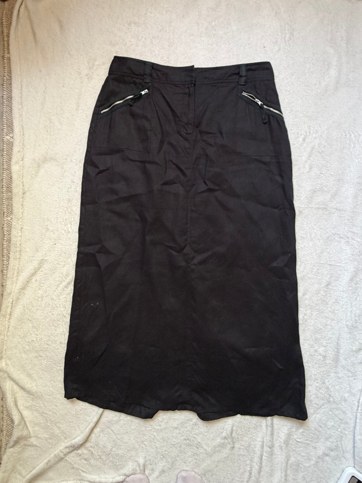 Jupe longue noire en lin poches zippées style avant garde goth minimaliste – taille XL