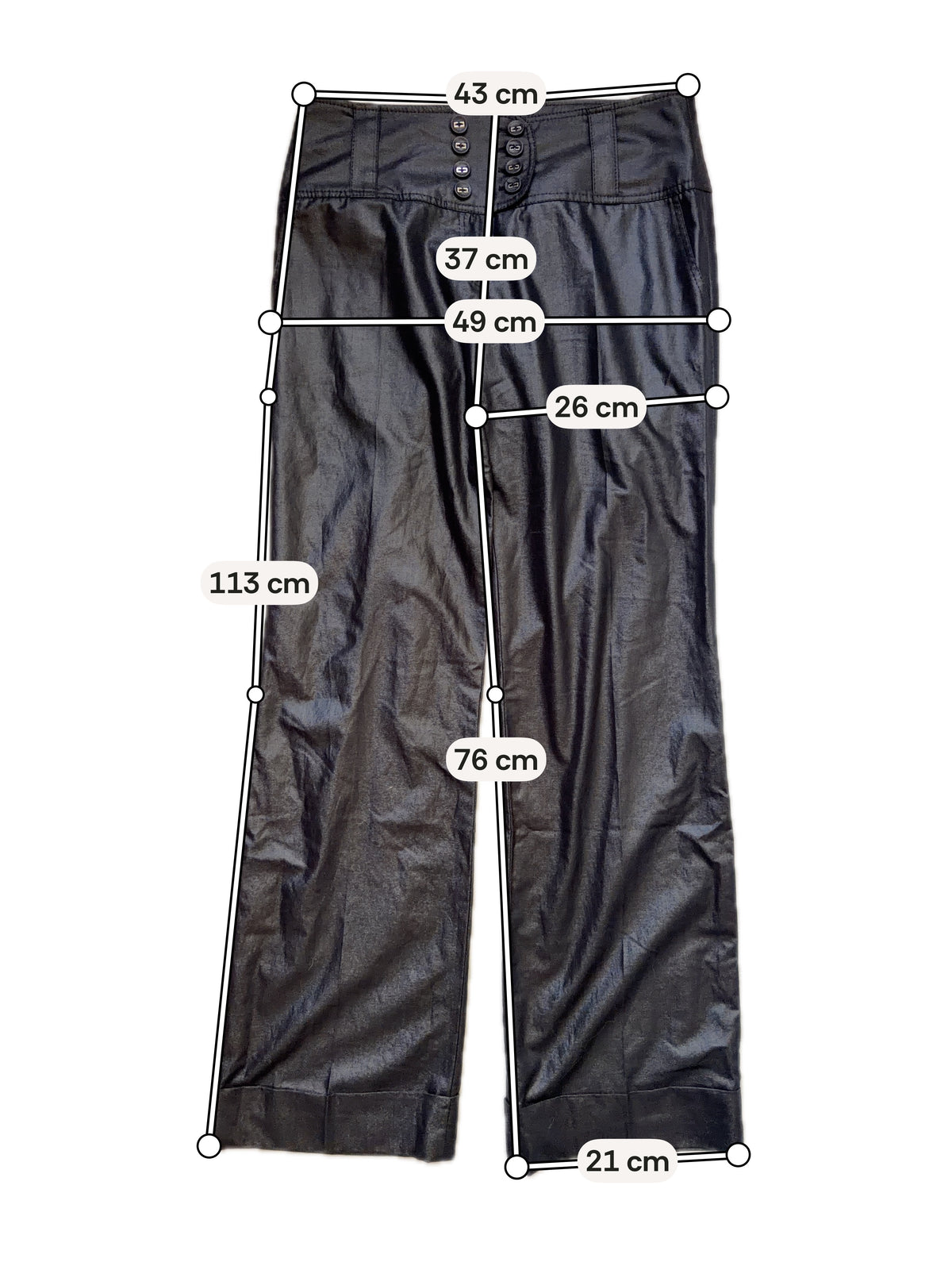 Pantalon noir satiné taille basse ceinture à boutons style office siren Y2K – taille L