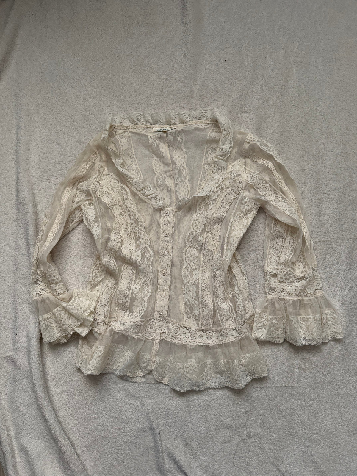 Blouse blanche transparente en dentelle à volants style victorien romantique - Taille L