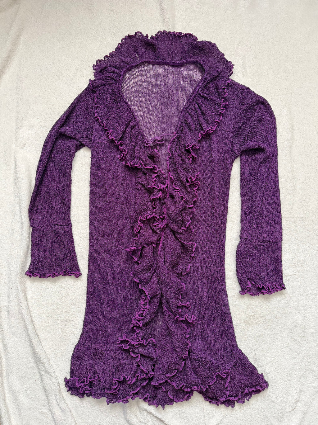 Long purple cardigan with cascading ruffles, whimsigoth style - size L/XL