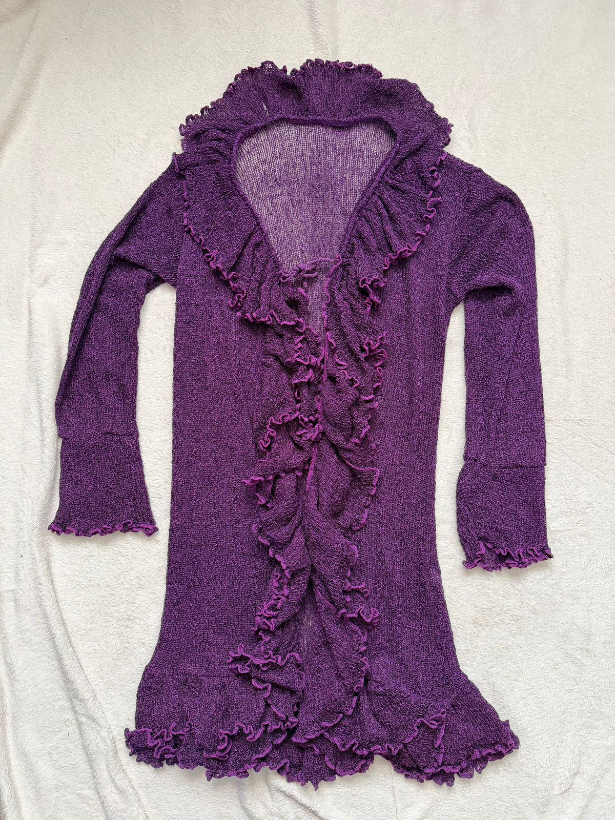 Long purple cardigan with cascading ruffles, whimsigoth style - size L/XL