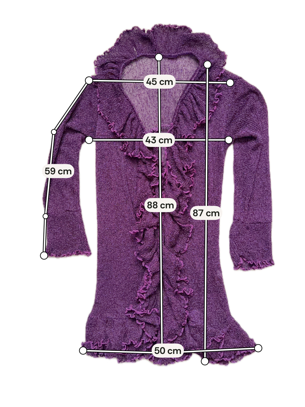 Long purple cardigan with cascading ruffles, whimsigoth style - size L/XL