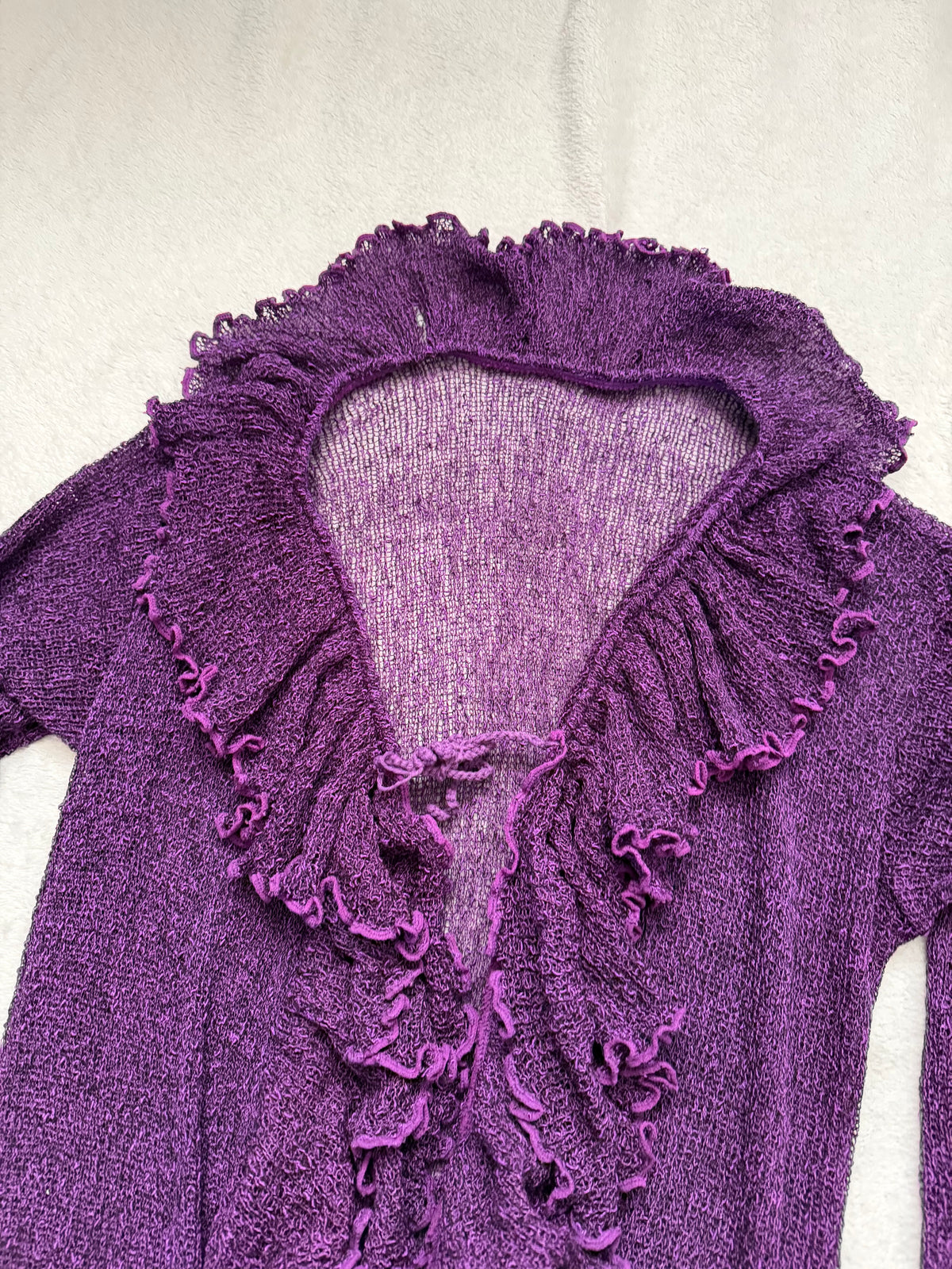 Long purple cardigan with cascading ruffles, whimsigoth style - size L/XL