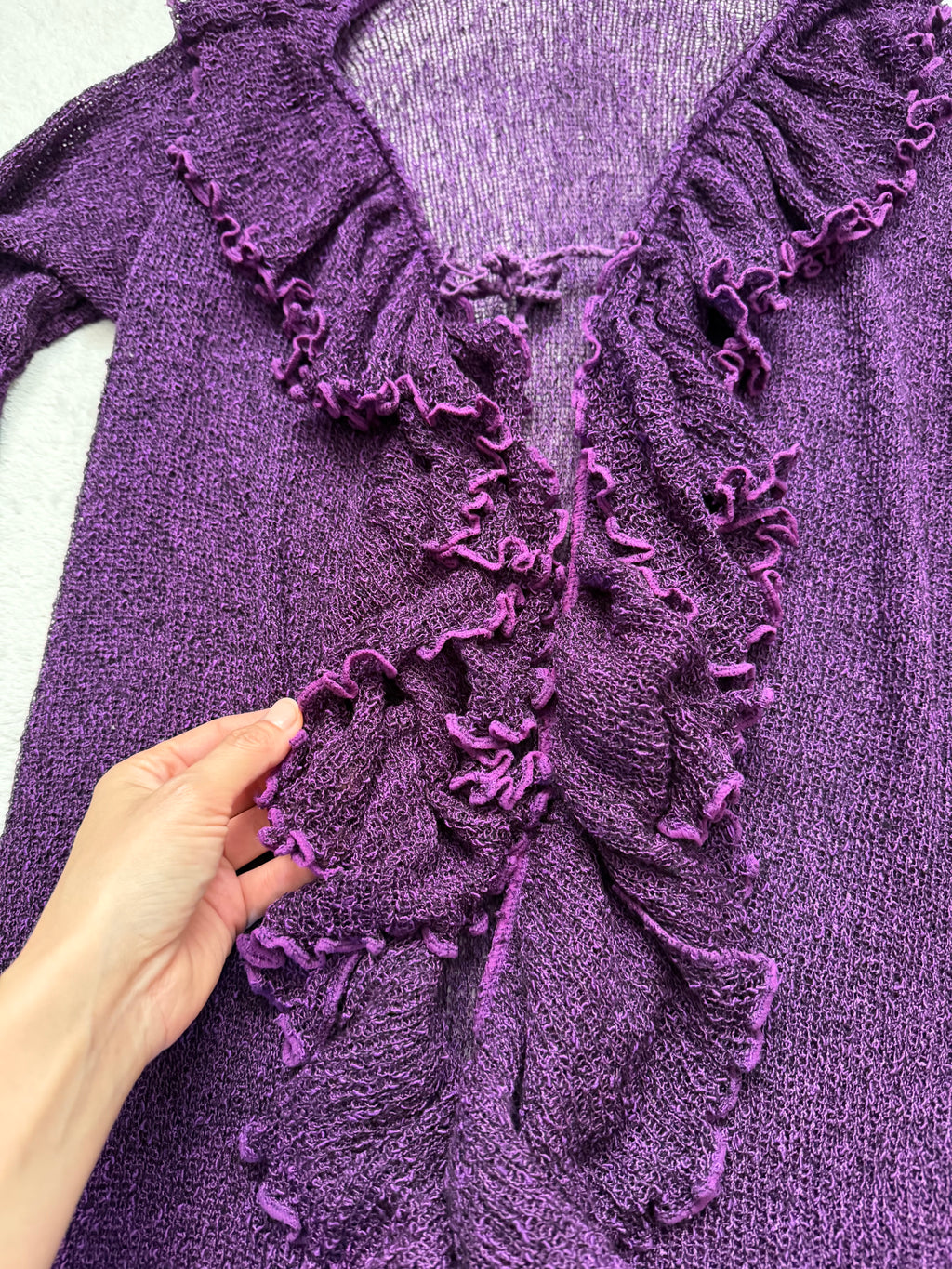 Long purple cardigan with cascading ruffles, whimsigoth style - size L/XL