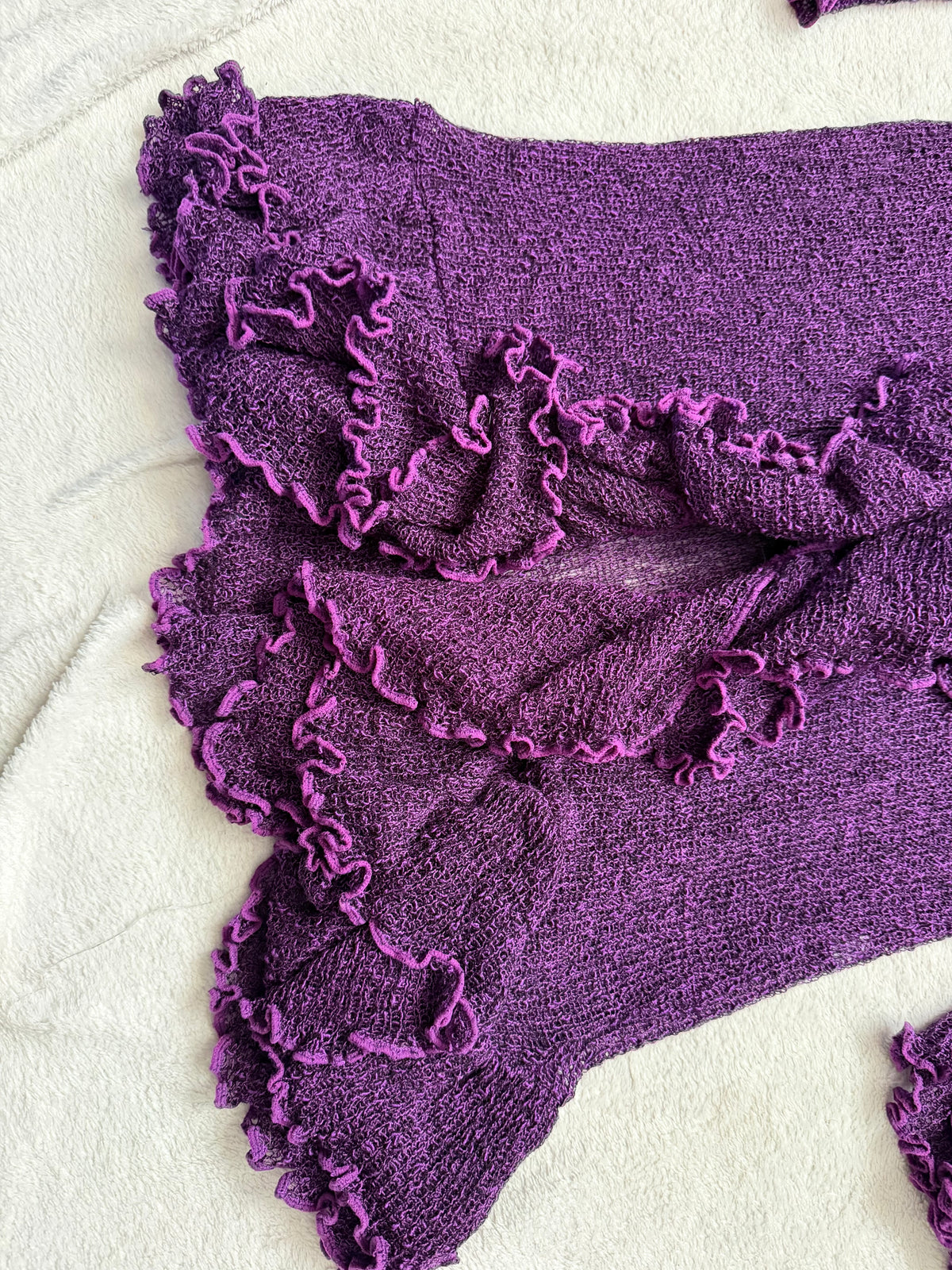 Long purple cardigan with cascading ruffles, whimsigoth style - size L/XL