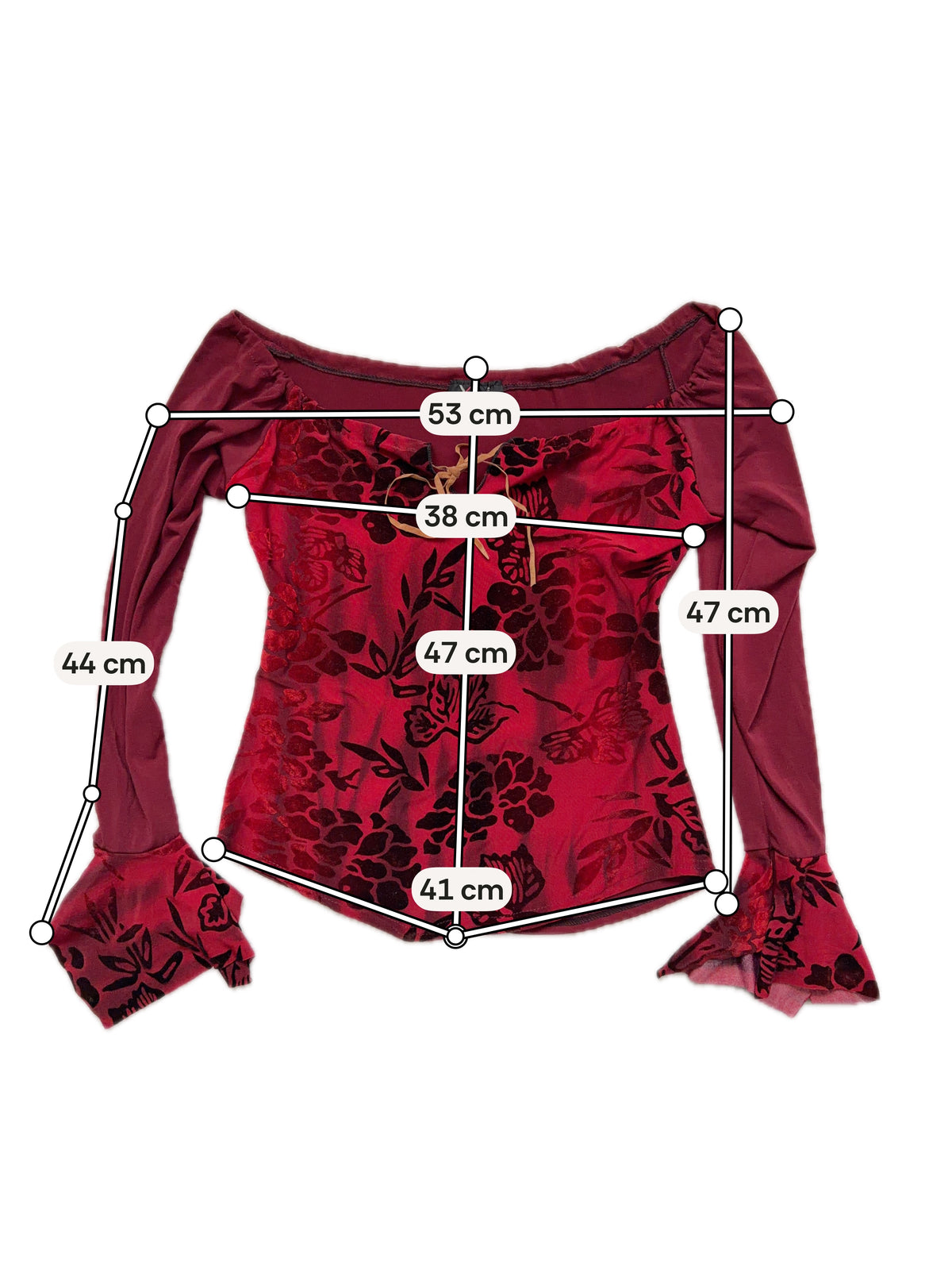 Top bordeaux velours dévoré floral manches mesh style goth vampy - Taille S/M