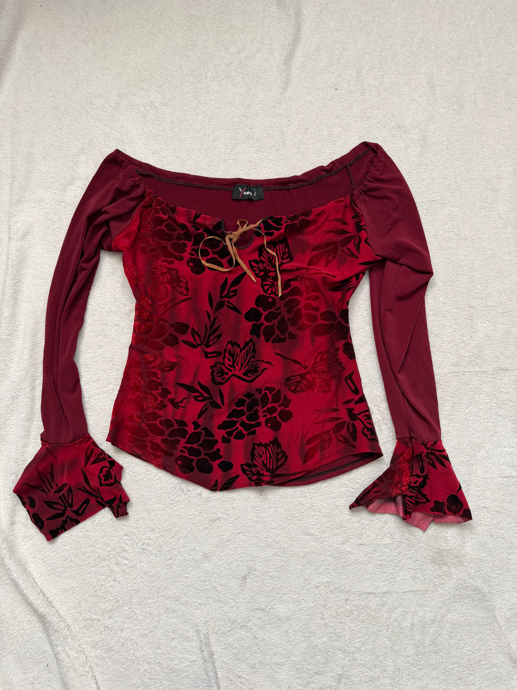 Floral devoré velvet mesh sleeve goth vampy top - Size S/M