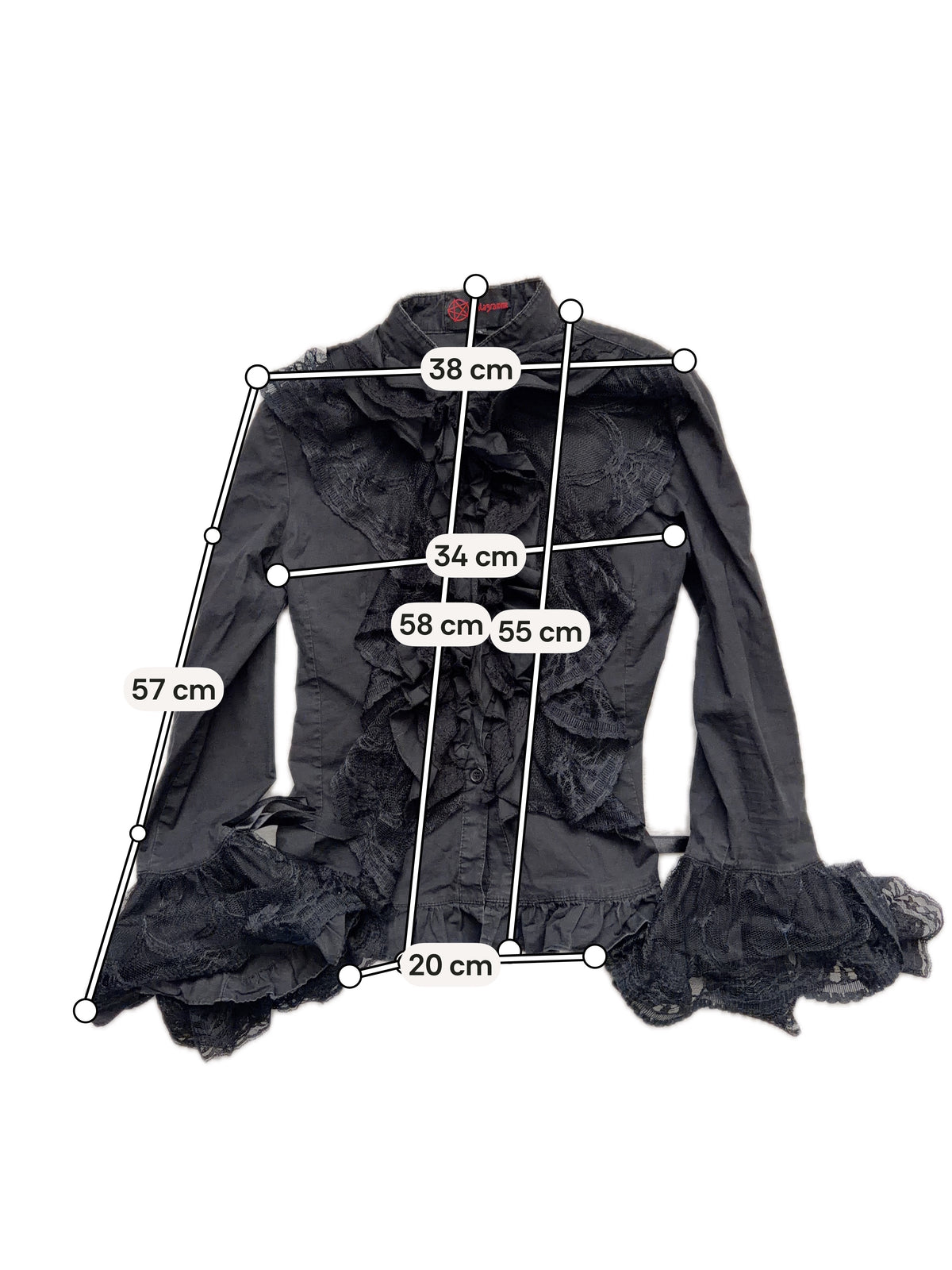 Chemisier noir à volants dentelle et manches évasées style victorien goth vampire - taille S