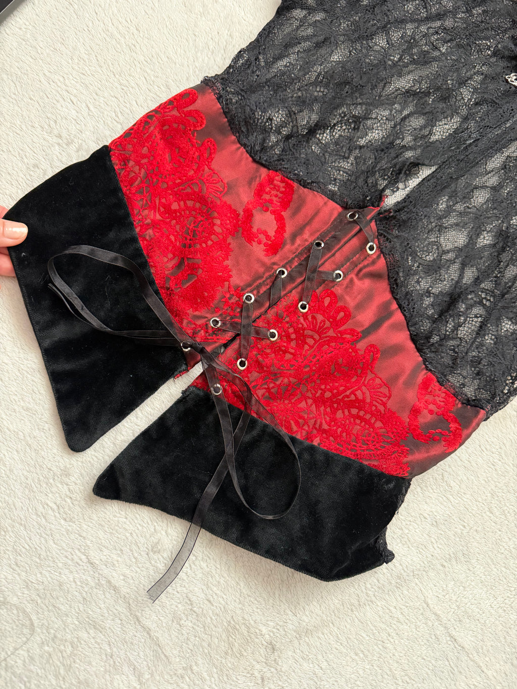 Black floral lace corseted Victorian collar romantic goth vampire blouse – size S