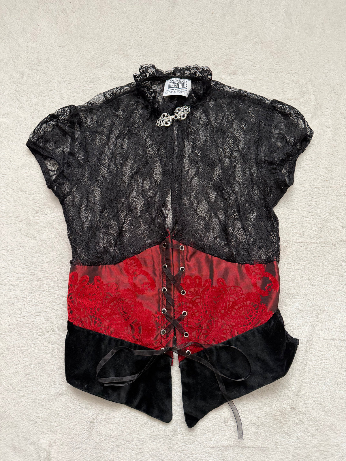 Black floral lace corseted Victorian collar romantic goth vampire blouse – size S