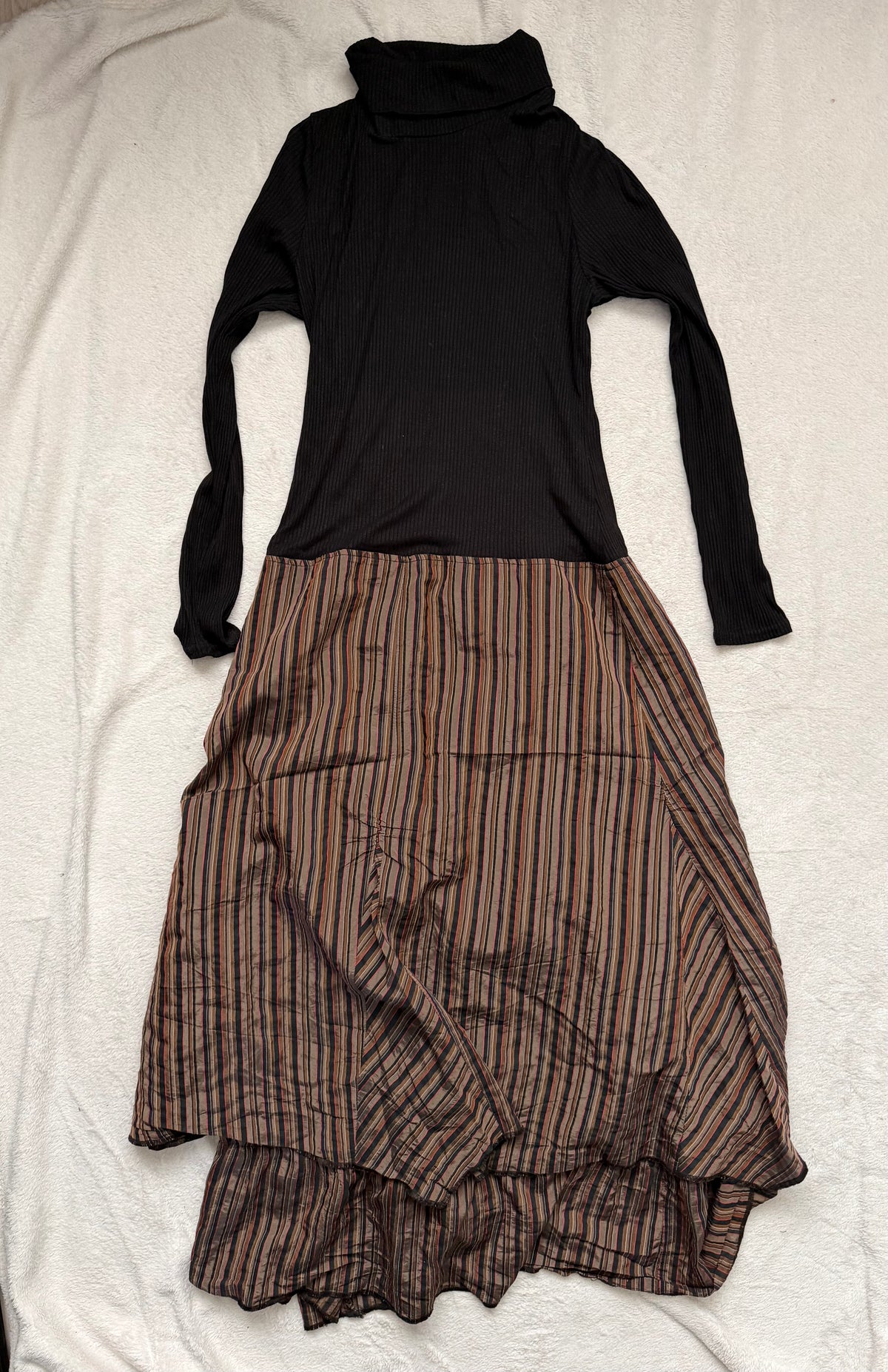 Avant-Garde Witchcore Black and Brown Striped Turtleneck Maxi Dress – Size L/XL