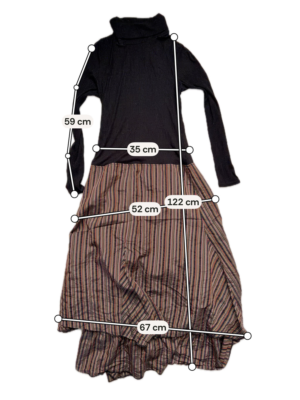 Avant-Garde Witchcore Black and Brown Striped Turtleneck Maxi Dress – Size L/XL