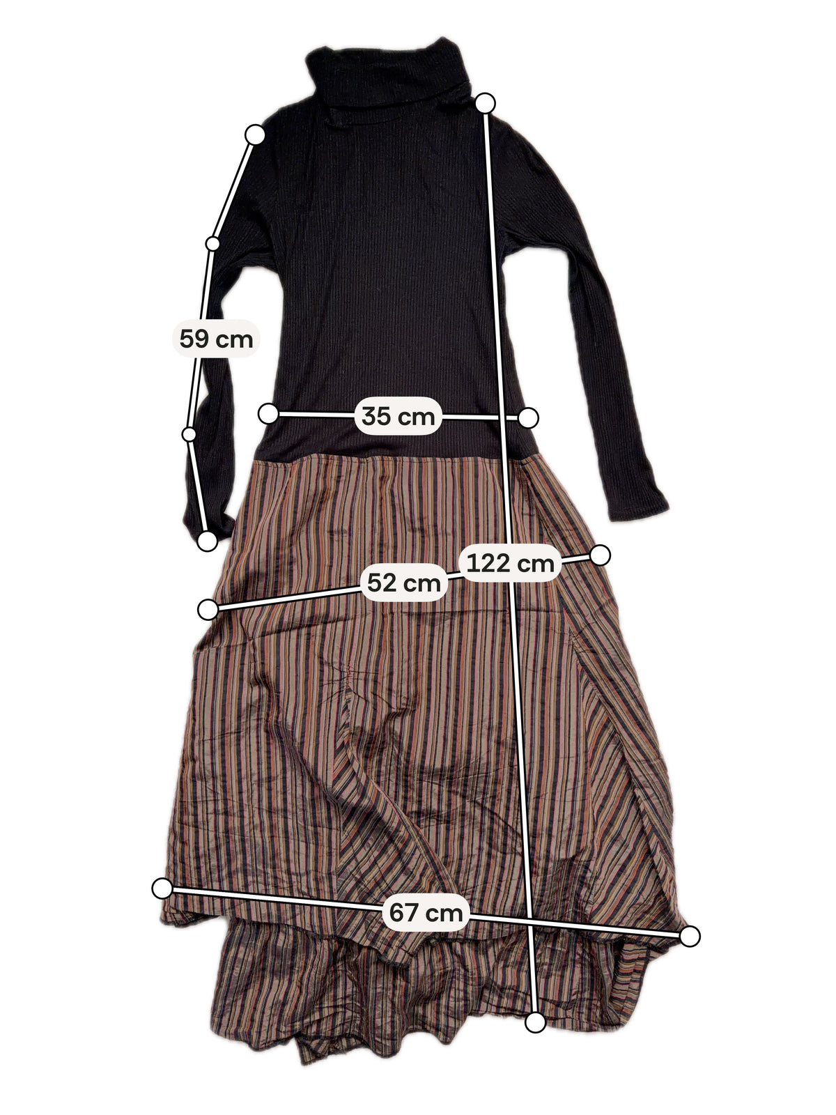 Avant-Garde Witchcore Black and Brown Striped Turtleneck Maxi Dress – Size L/XL