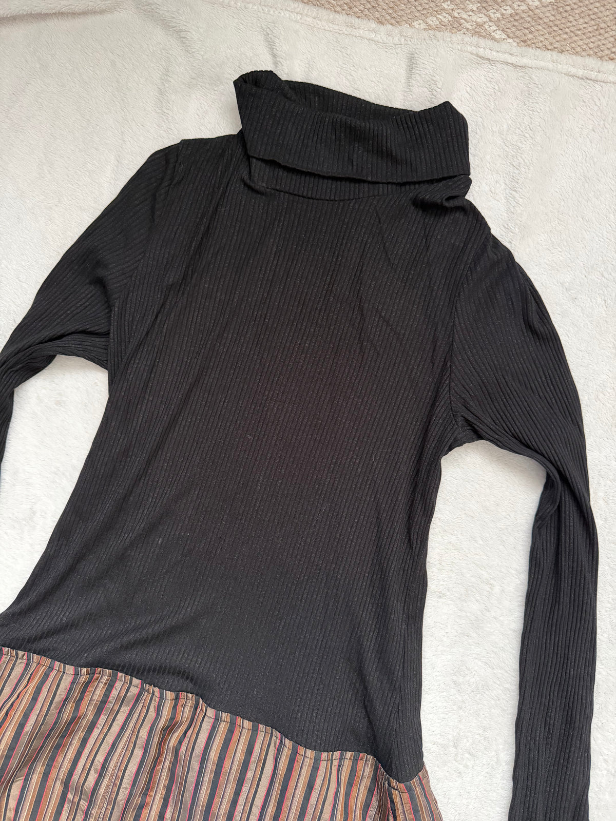 Avant-Garde Witchcore Black and Brown Striped Turtleneck Maxi Dress – Size L/XL