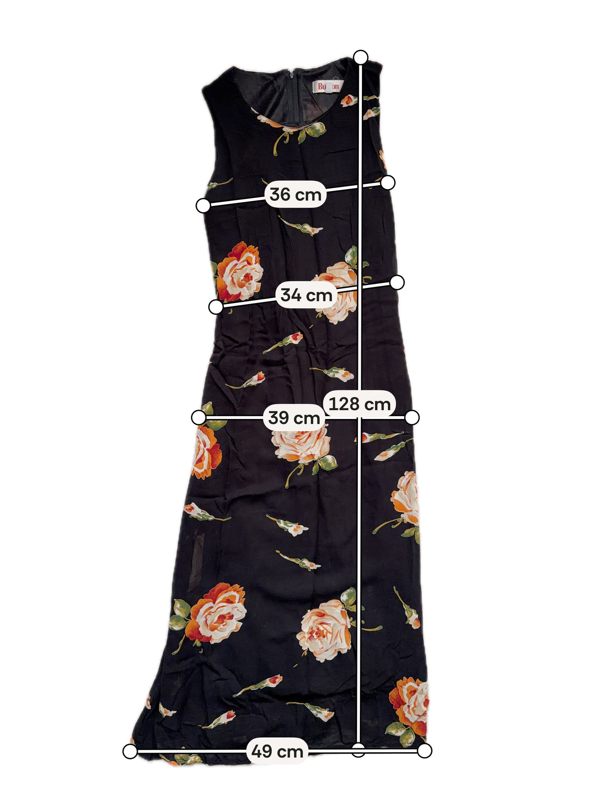 Long black dress with large roses, fluid cut, 90s romantic goth style - Size M/L