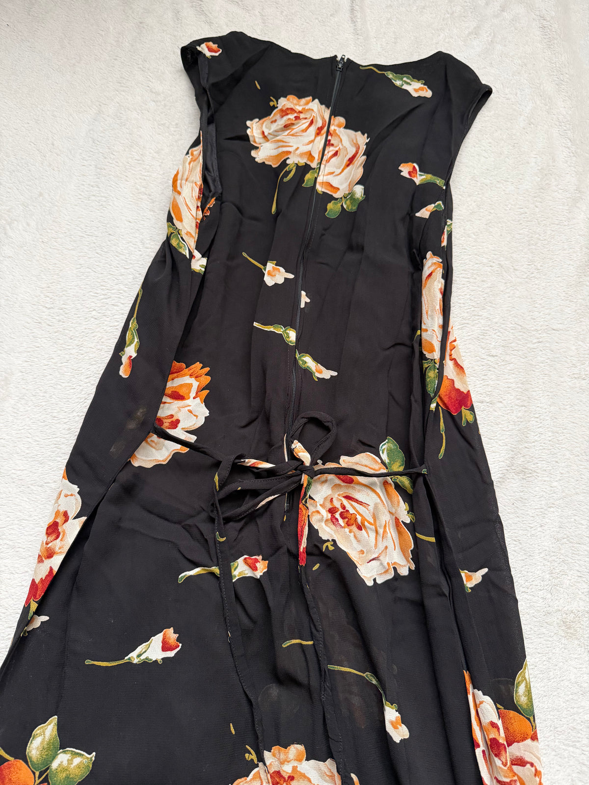 Robe longue noire à grandes roses coupe fluide style romantic goth 90s - Taille M/L