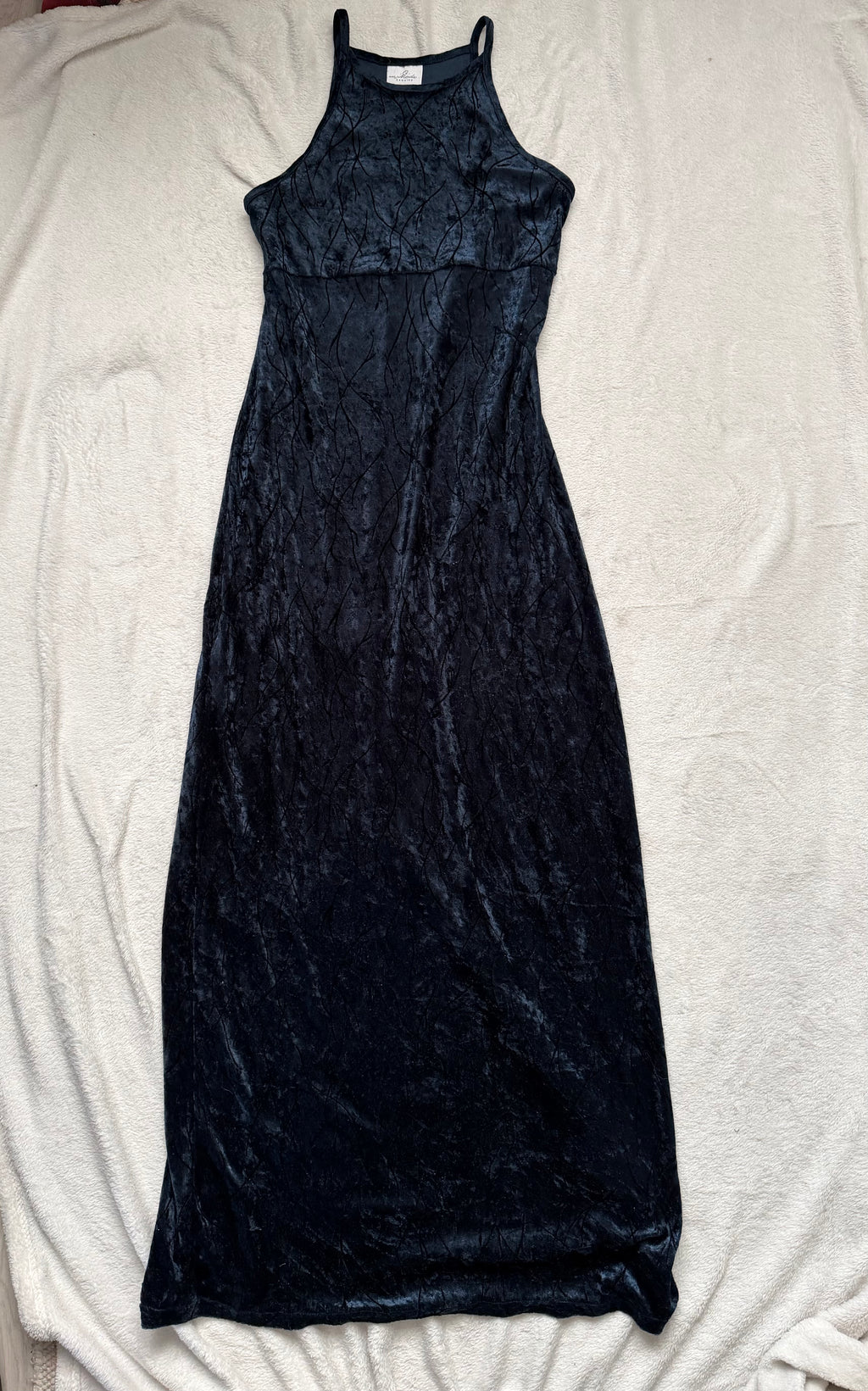Robe longue bleu marine en velours à motifs fleuris style goth vampy 90s whimsigoth – taille M