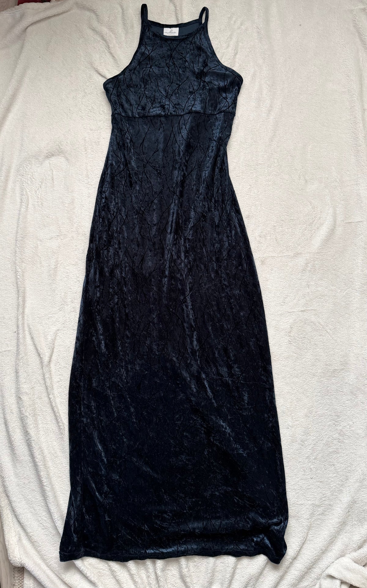 Robe longue bleu marine en velours à motifs fleuris style goth vampy 90s whimsigoth – taille M