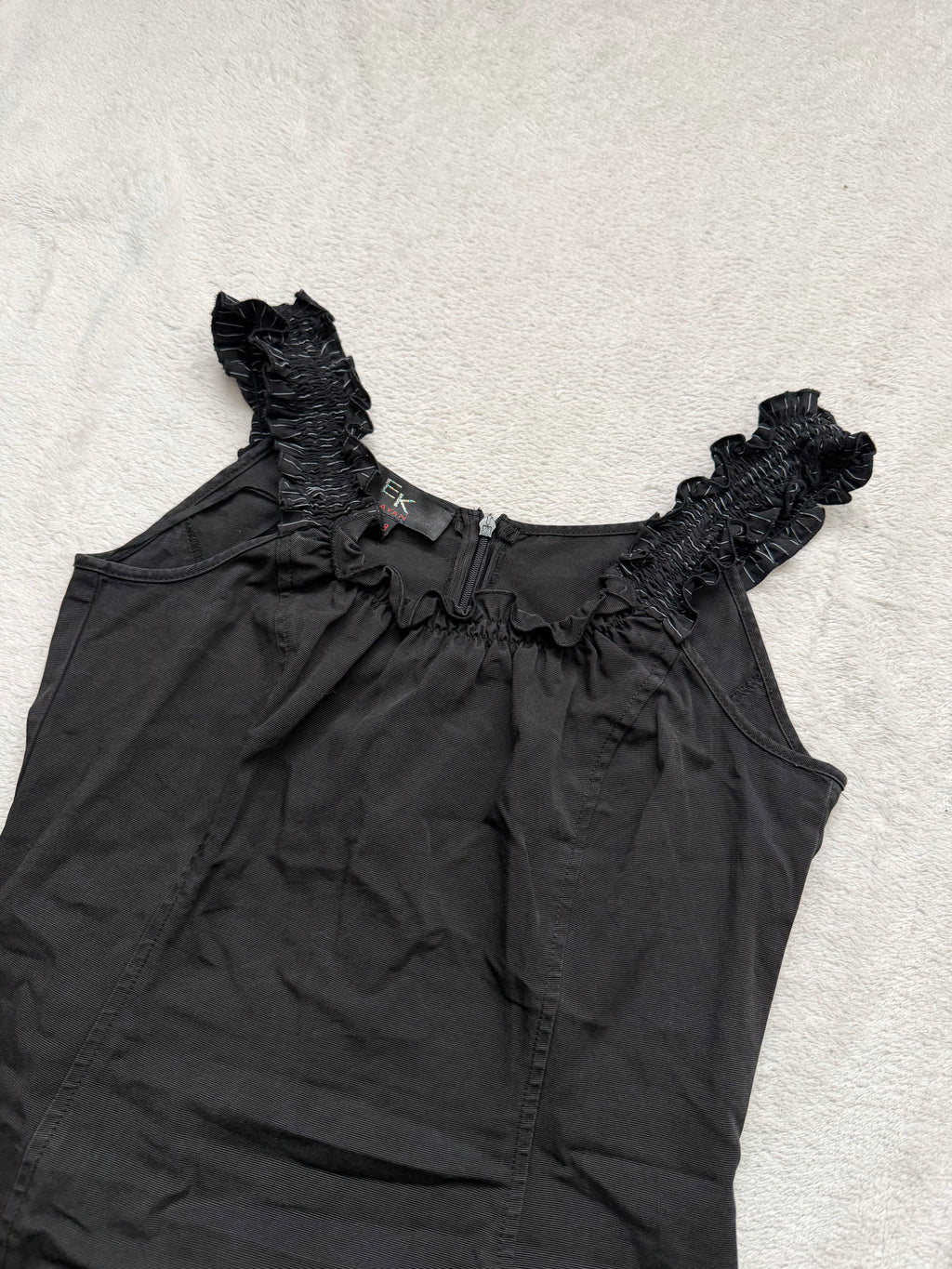 Asymmetric black midi dress with hook-and-eye and ruffle details, avant-garde goth style – size S