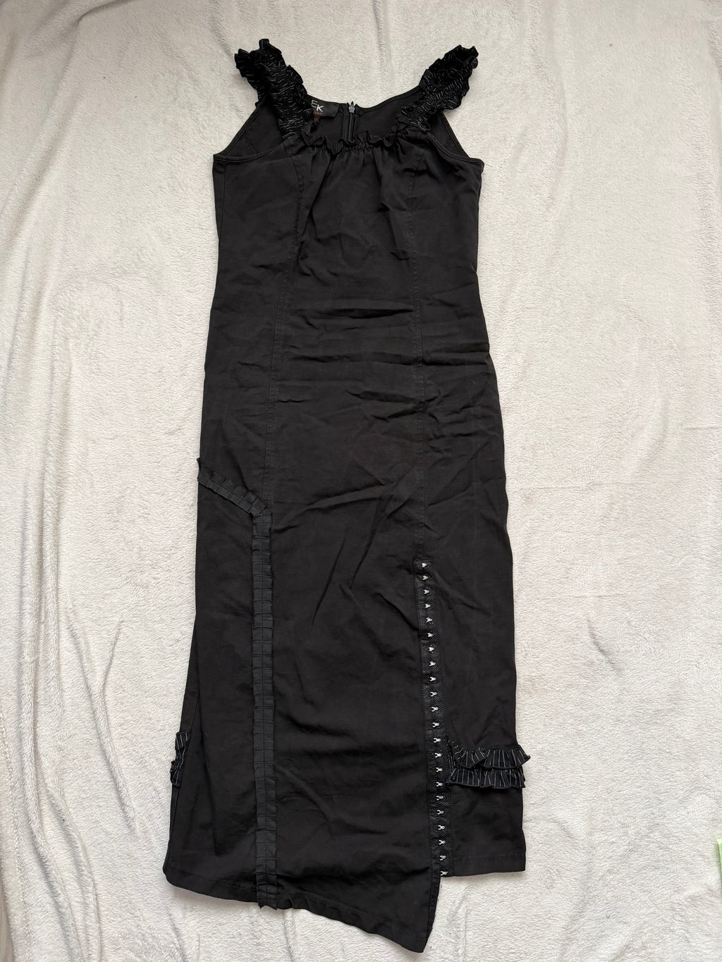 Asymmetric black midi dress with hook-and-eye and ruffle details, avant-garde goth style – size S