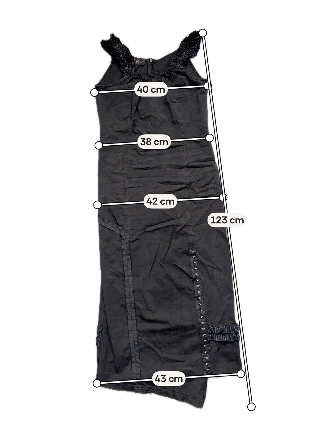 Asymmetric black midi dress with hook-and-eye and ruffle details, avant-garde goth style – size S