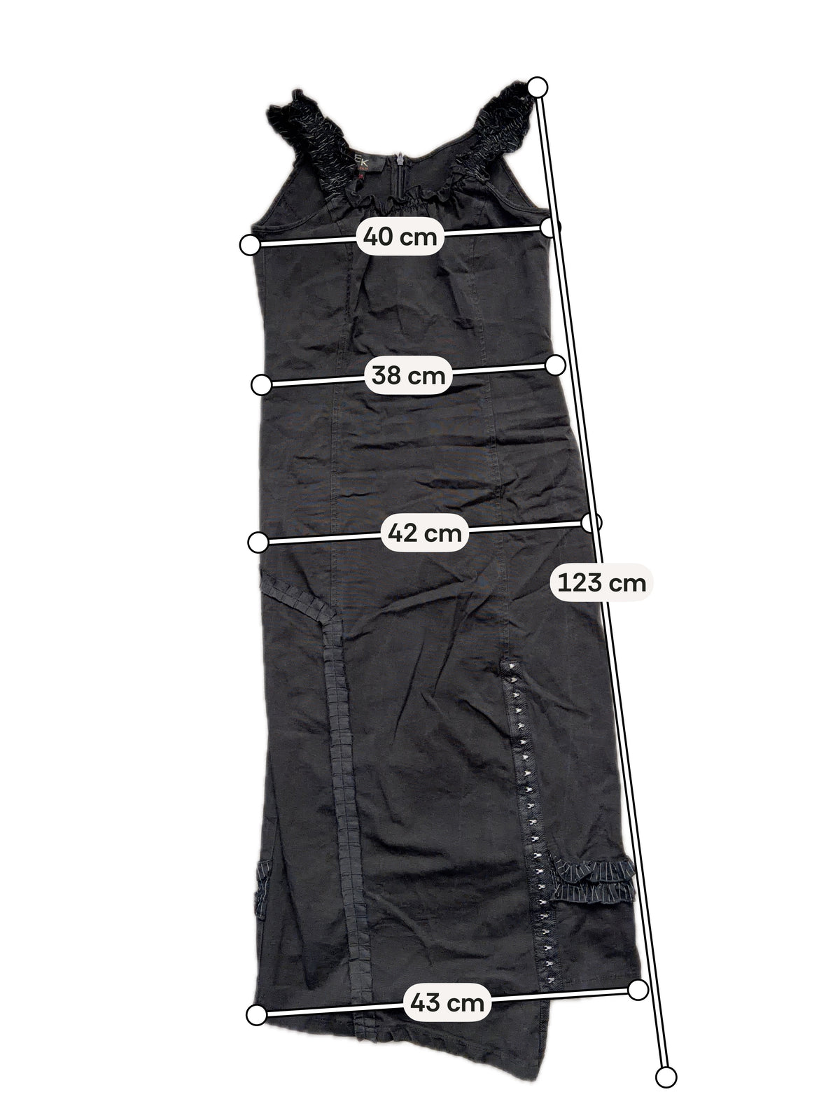 Asymmetric black midi dress with hook-and-eye and ruffle details, avant-garde goth style – size S