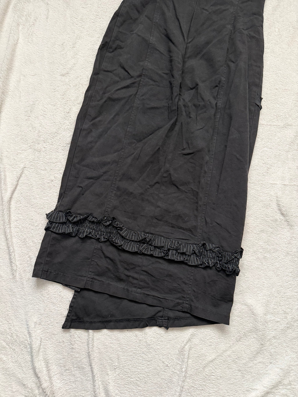 Asymmetric black midi dress with hook-and-eye and ruffle details, avant-garde goth style – size S