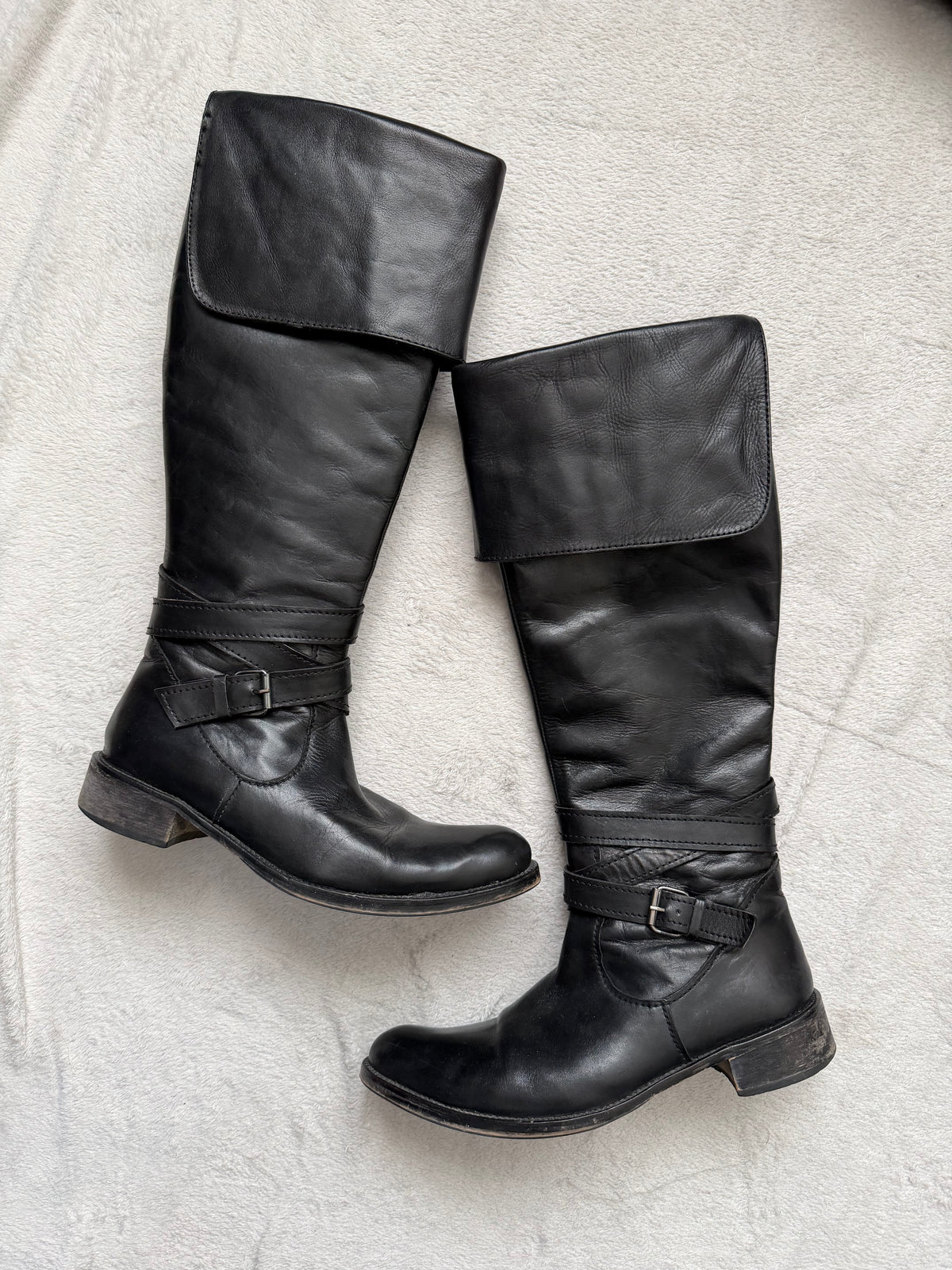 Buffalo black leather high boots with buckle, goth biker pirate style 2000s – size 38