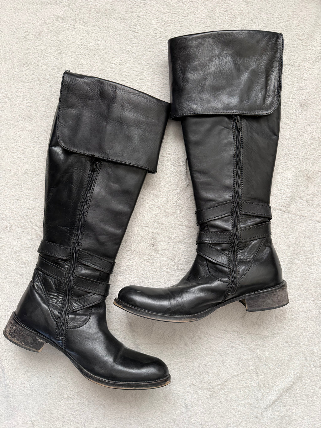 Buffalo black leather high boots with buckle, goth biker pirate style 2000s – size 38