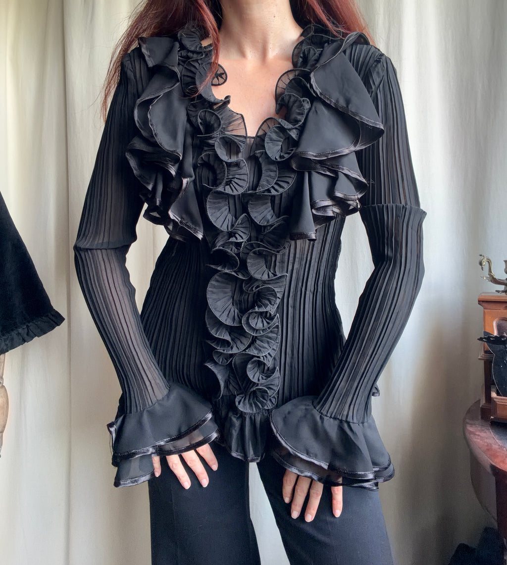 Blouse noire en voile plissé à volants style vampire goth victorien – taille XL/XXL