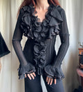 Blouse noire en voile plissé à volants style vampire goth victorien – taille XL/XXL