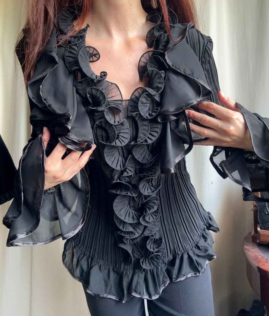 Blouse noire en voile plissé à volants style vampire goth victorien – taille XL/XXL
