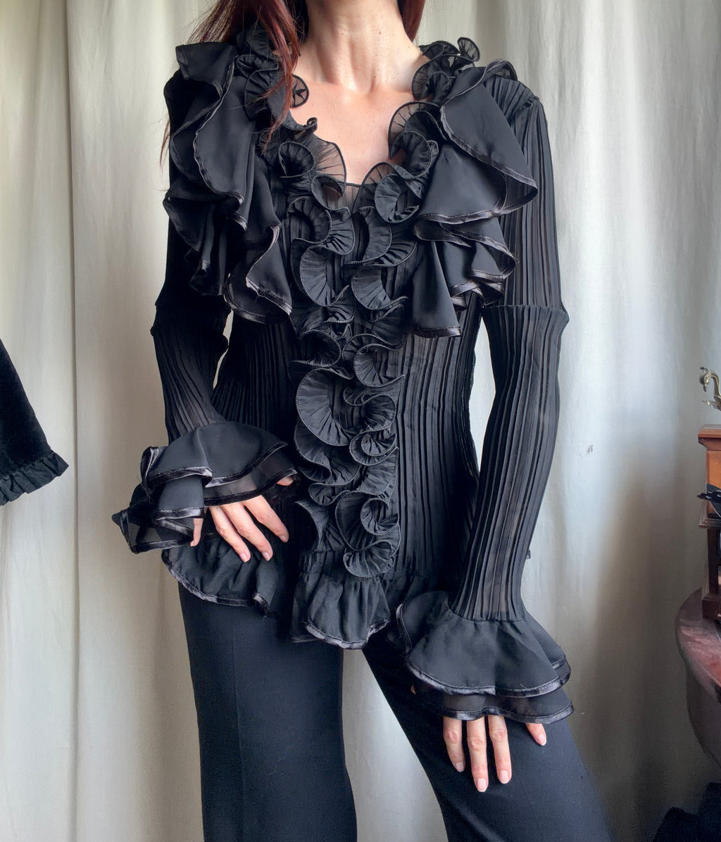 Blouse noire en voile plissé à volants style vampire goth victorien – taille XL/XXL
