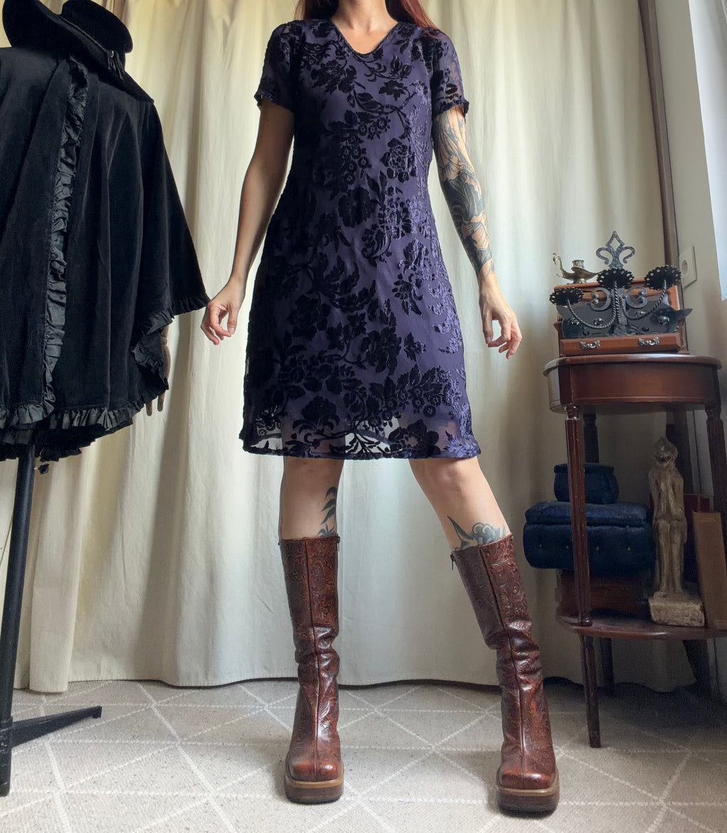 Robe René Derhy velours dévoré violet floral style whimsigoth romantic goth – taille M/L