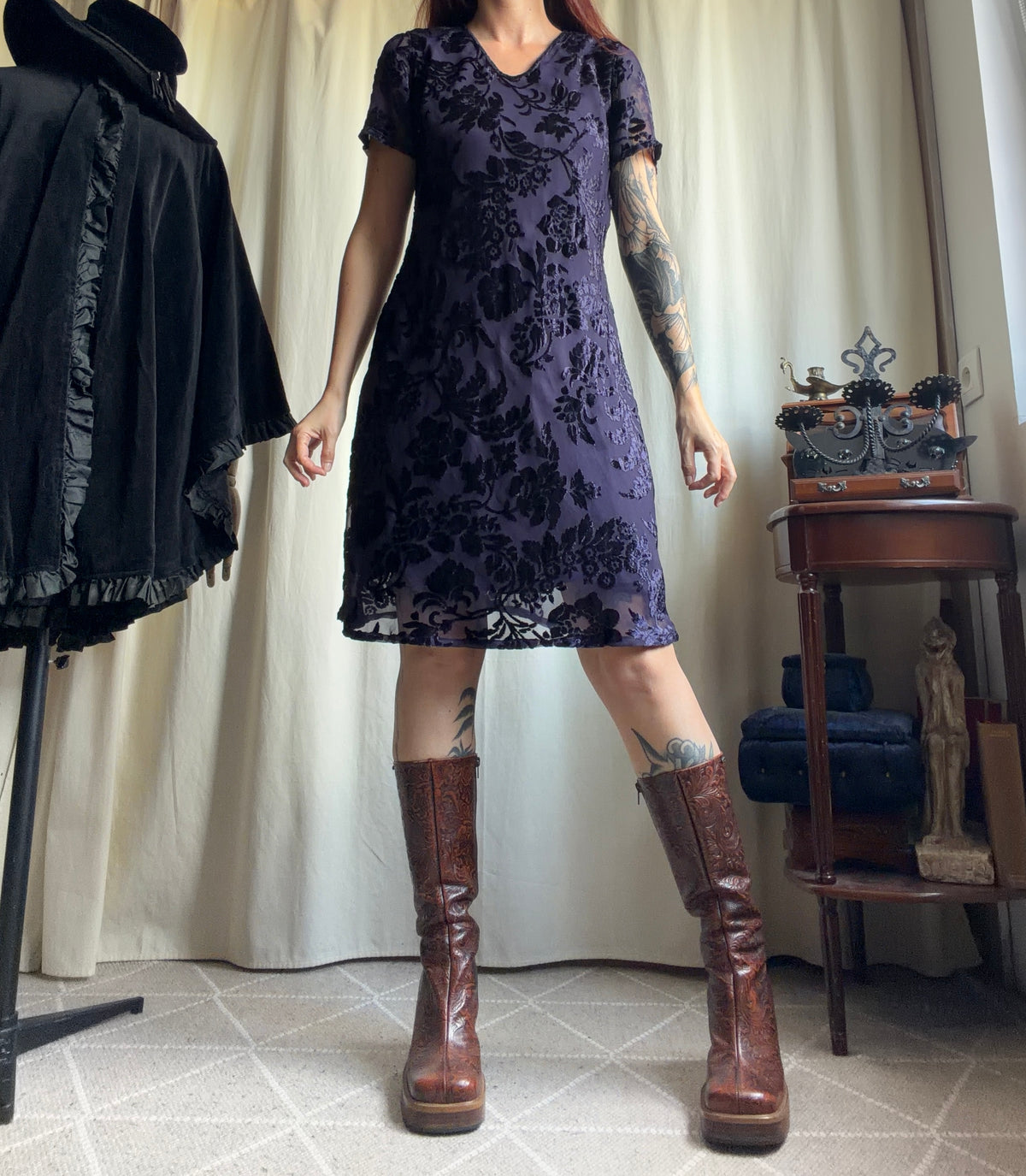 René Derhy burnout velvet purple floral whimsigoth romantic goth dress – size M/L