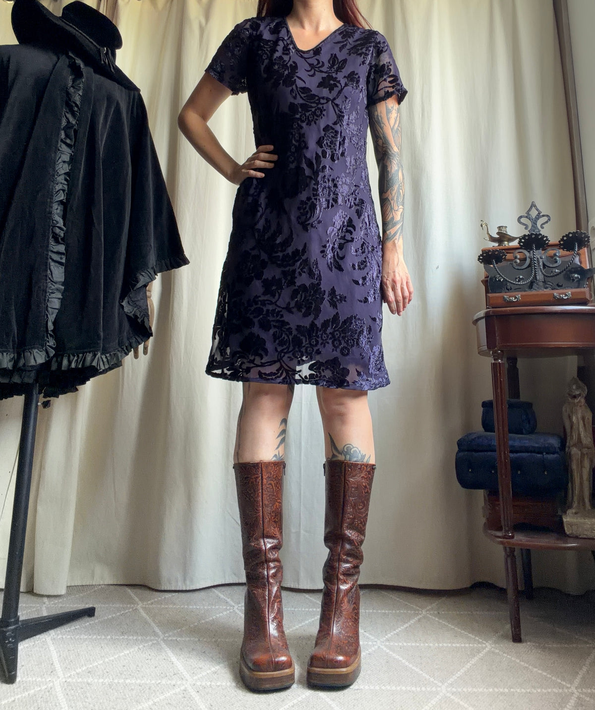 René Derhy burnout velvet purple floral whimsigoth romantic goth dress – size M/L