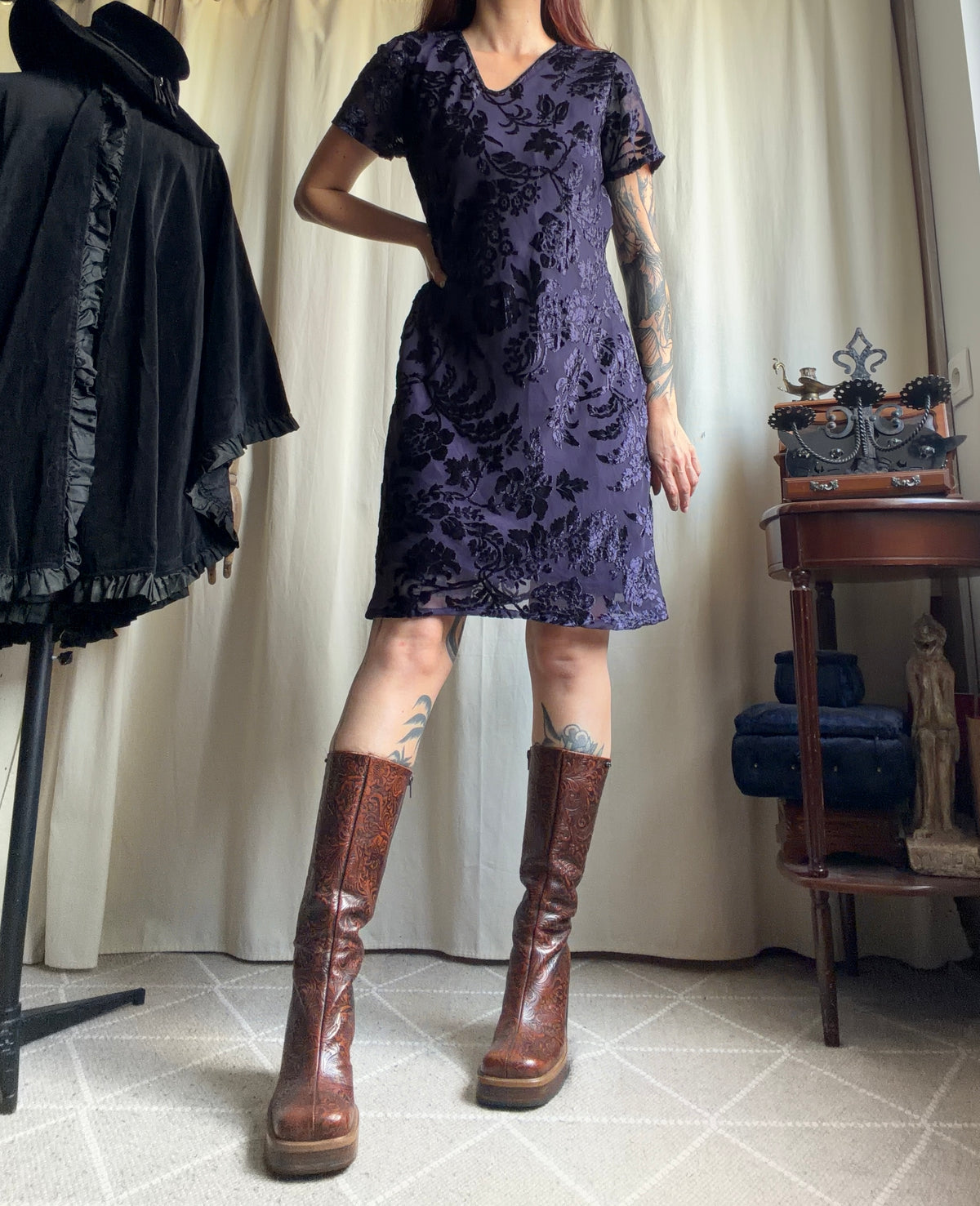 René Derhy burnout velvet purple floral whimsigoth romantic goth dress – size M/L